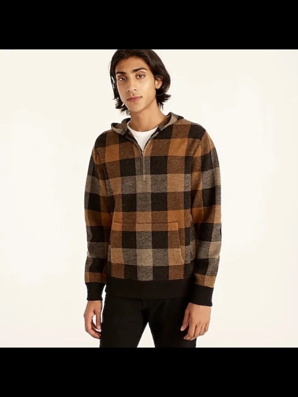 J. Crew Merino Wool Plaid Half-Zip Hoodie Sweater